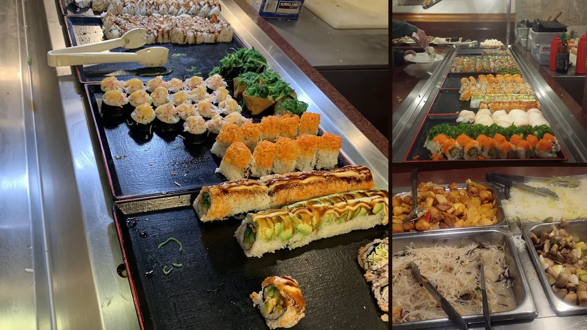 Buffet trays with Chinese dishes and sushi.